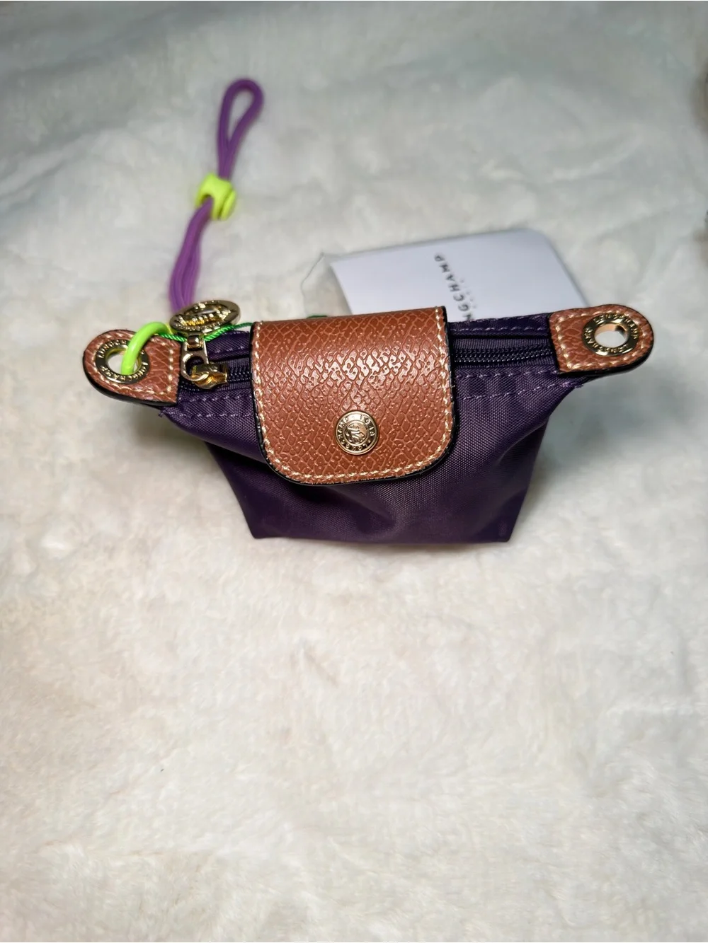 Longc Purple Nylon Key Pouch with Neon Cord and Brown Leather Trim